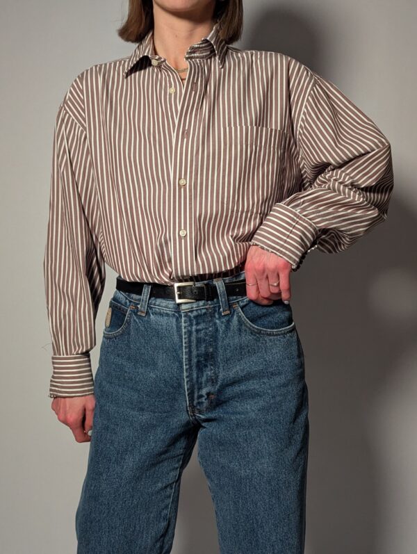 Vintage bruin-wit gestreepte blouse met verticale strepen