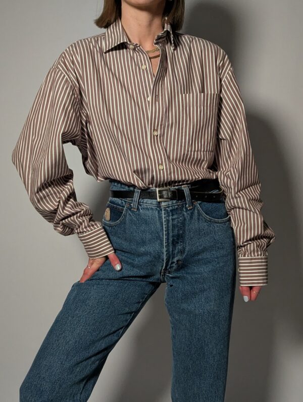 Vintage bruin-wit gestreepte blouse met verticale strepen