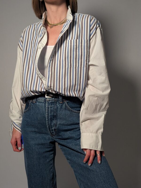 Vintage gestreepte blouse met contrasterende effen mouwen