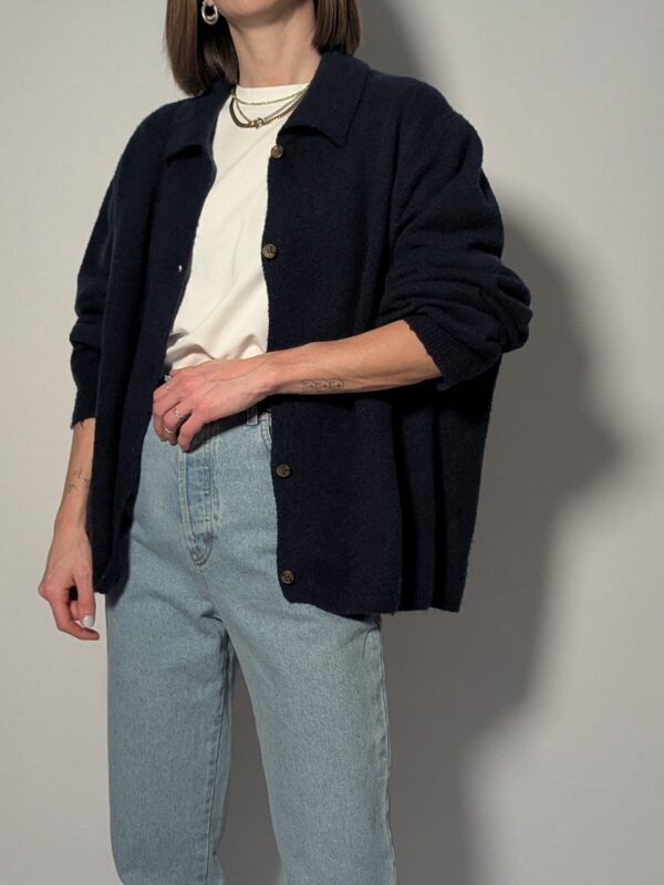 Vintage navy gebreid vest met kraag en knopen