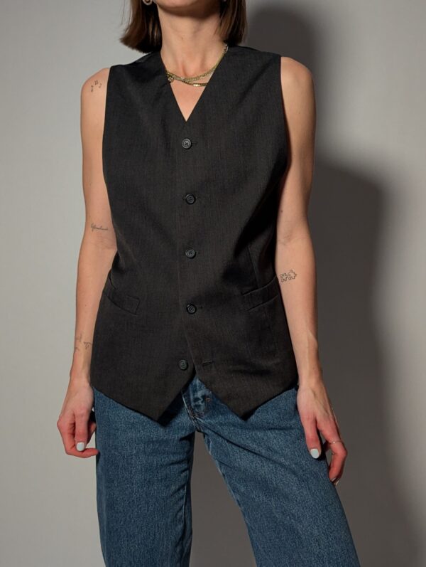Vintage donkergrijze mouwloze gilet met knoopsluiting