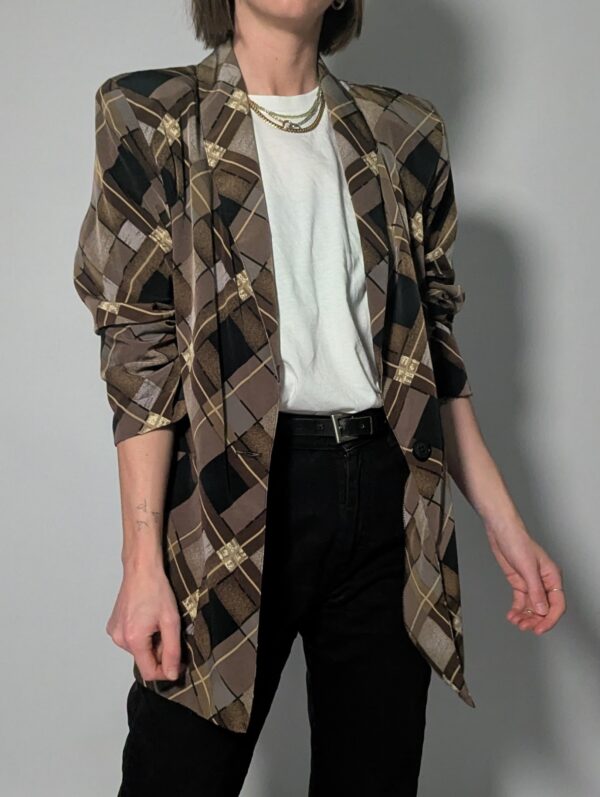 Vintage blazer met grafische ruitprint in bruin-, taupe- en zwarttinten en een rechte langere fit.