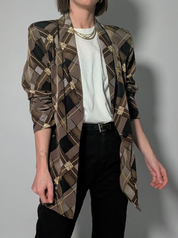 Vintage blazer met grafische ruitprint in bruin-, taupe- en zwarttinten en een rechte langere fit.