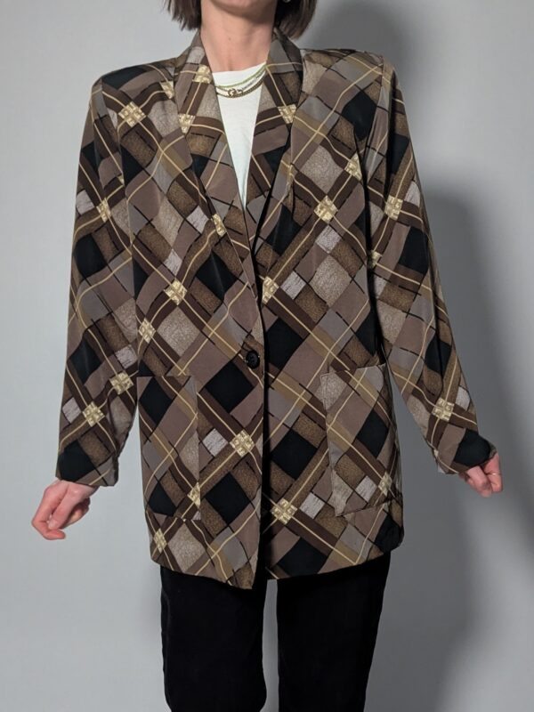Vintage blazer met grafische ruitprint in bruin-, taupe- en zwarttinten en een rechte langere fit.