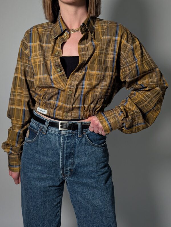 Upcycled vintage geruite blouse in bruin en goud met elastische zoom – (RE)MADE BY LOT