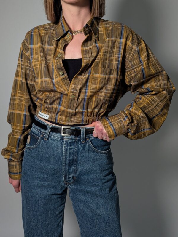 Upcycled vintage geruite blouse in bruin en goud met elastische zoom – (RE)MADE BY LOT