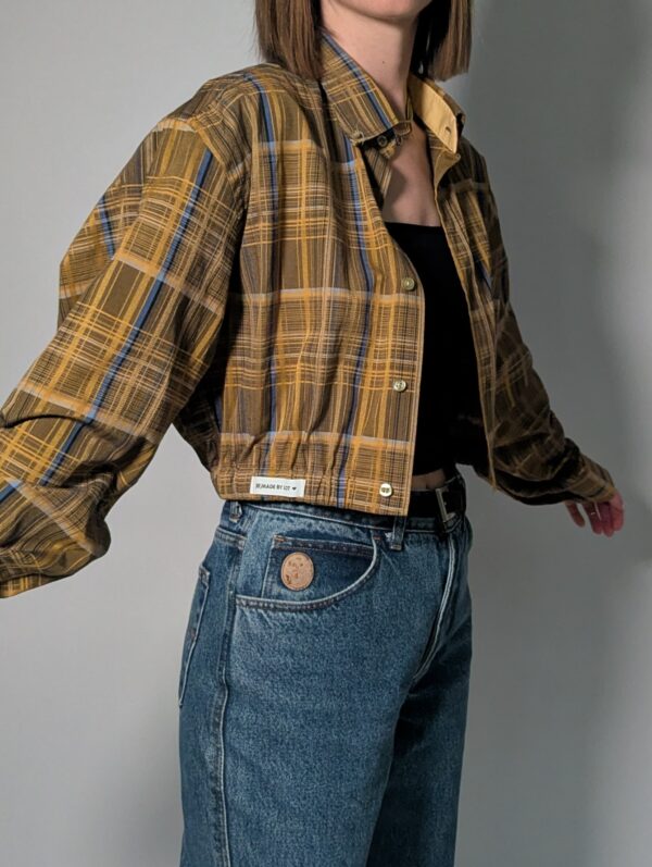 Upcycled vintage geruite blouse in bruin en goud met elastische zoom – (RE)MADE BY LOT