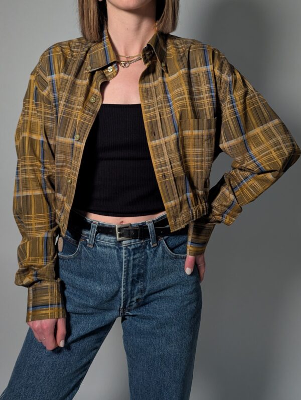 Upcycled vintage geruite blouse in bruin en goud met elastische zoom – (RE)MADE BY LOT