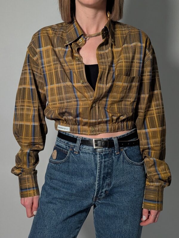 Upcycled vintage geruite blouse in bruin en goud met elastische zoom – (RE)MADE BY LOT