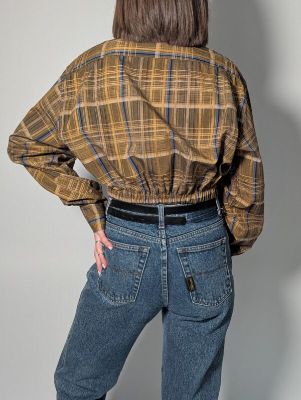 Upcycled vintage geruite blouse in bruin en goud met elastische zoom – (RE)MADE BY LOT