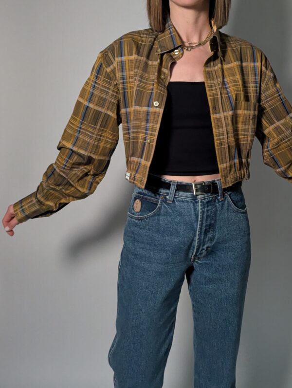 Upcycled vintage geruite blouse in bruin en goud met elastische zoom – (RE)MADE BY LOT