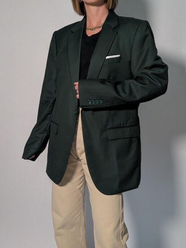 Vintage donkergroene blazer met rechte oversized pasvorm en klassieke tailored details.