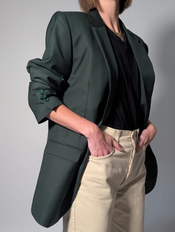 Vintage donkergroene blazer met rechte oversized pasvorm en klassieke tailored details.