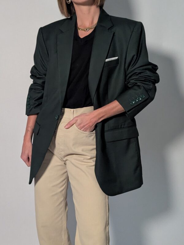 Vintage donkergroene blazer met rechte oversized pasvorm en klassieke tailored details.