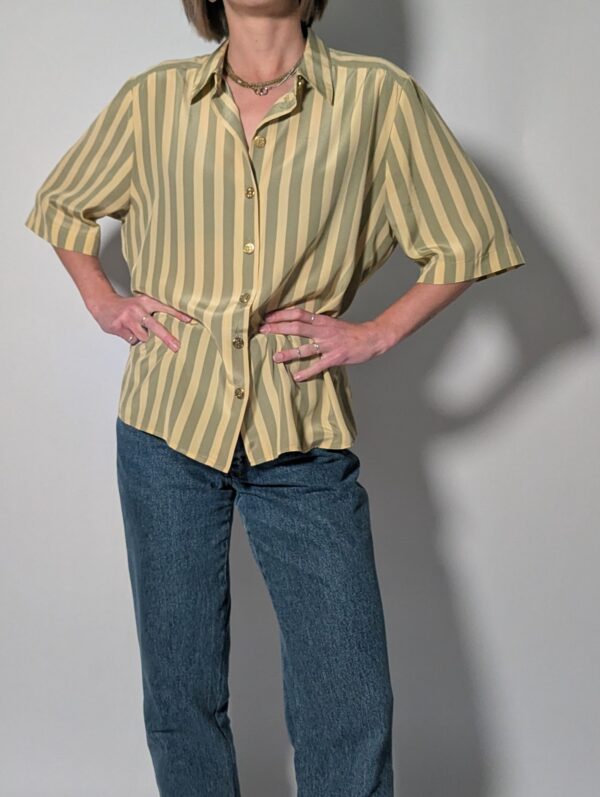 Sage stripe 02 Vintage gestreepte blouse met korte mouwen in saliegroen en lichtgeel met glanzende knopen.