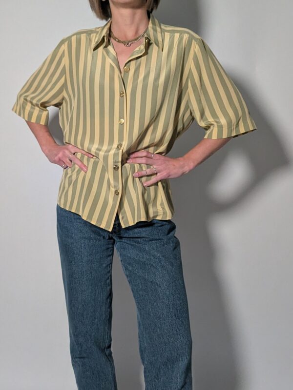 Vintage gestreepte blouse met korte mouwen in saliegroen en lichtgeel met glanzende knopen.