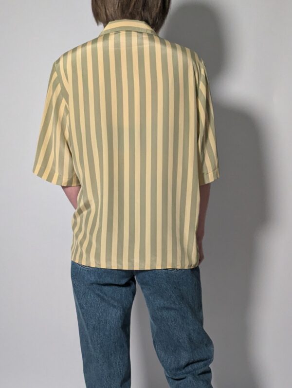 Sage stripe 03 Vintage gestreepte blouse met korte mouwen in saliegroen en lichtgeel met glanzende knopen.