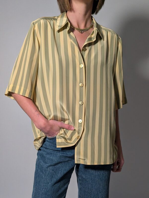 Sage stripe 04 Vintage gestreepte blouse met korte mouwen in saliegroen en lichtgeel met glanzende knopen.