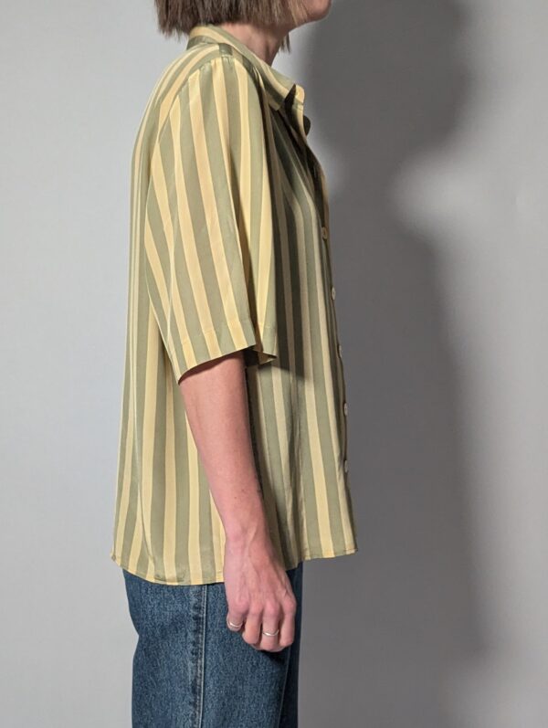 Sage stripe 05 Vintage gestreepte blouse met korte mouwen in saliegroen en lichtgeel met glanzende knopen.