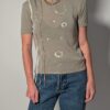 Vintage fijngebreide top in taupe met korte mouwen, subtiele pailletten details en decoratieve koordaccenten.